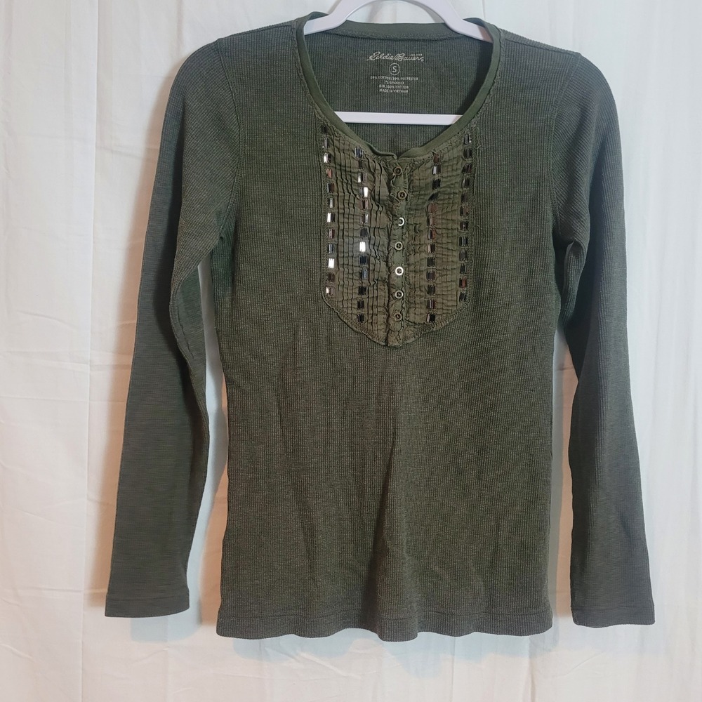 Eddie Bauer Olive Green Waffle Knit Thermal Henley Top Embellished Womens Small